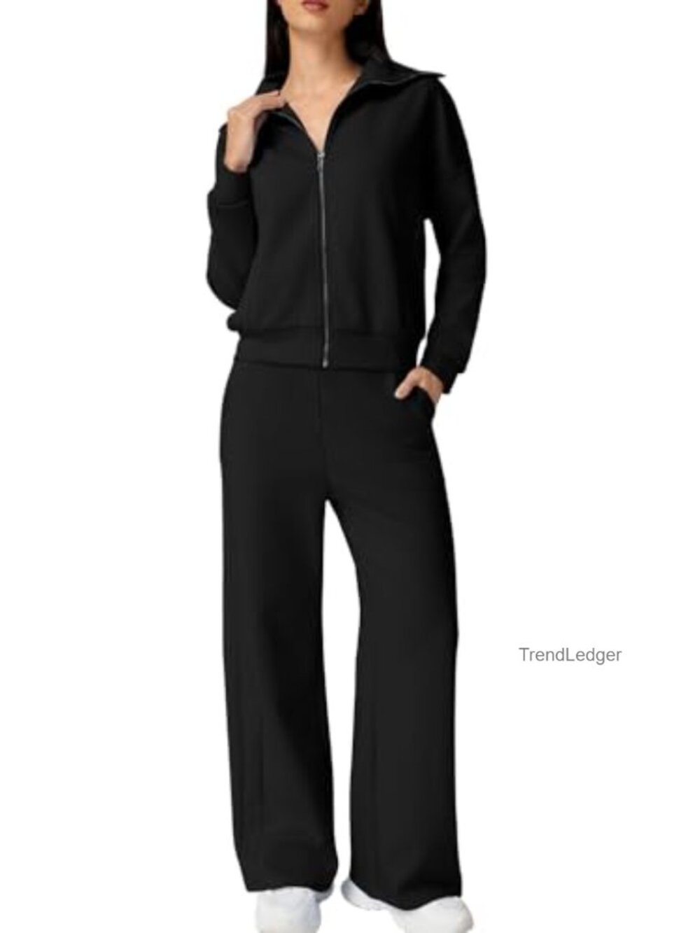 Women's 2 Piece Cotton Zip Up Sweatshirt Wide Leg Pants Matching Active Set
